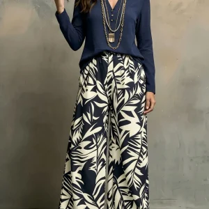 2 Piece V‑Neck Long Sleeve Blouse Boho Loungewear Suit