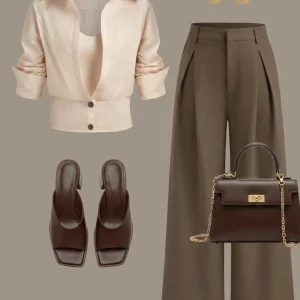 Lapel Cropped Button Front Shirt High Waist Wide Leg Trousers Two Piece