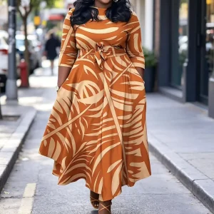 Plus size orange palm leaf print dress