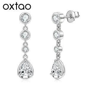 OXTAO Elegant Long Tassels Drop Earrings For Women Anniversary Jewelry Gifts Pear Cut Moissanite Wedding Earrings 14K Gold Filled